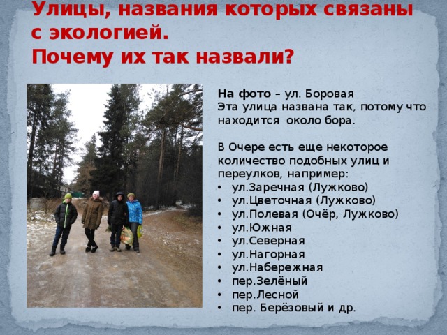 Улицы, названия которых связаны с экологией.  Почему их так назвали? На фото – ул. Боровая Эта улица названа так, потому что находится около бора. В Очере есть еще некоторое количество подобных улиц и переулков, например: ул.Заречная (Лужково) ул.Цветочная (Лужково) ул.Полевая (Очёр, Лужково) ул.Южная ул.Северная ул.Hагорная ул.Hабережная пер.Зелёный пер.Лесной пер. Берёзовый и др. 