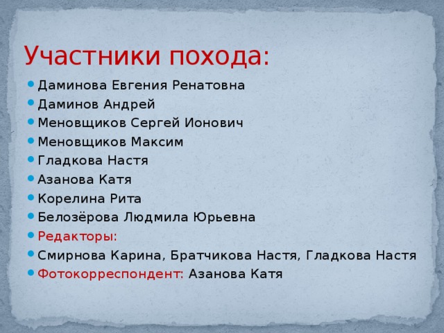 Участники похода: Даминова Евгения Ренатовна Даминов Андрей Меновщиков Сергей Ионович Меновщиков Максим Гладкова Hастя Азанова Катя Корелина Рита Белозёрова Людмила Юрьевна Редакторы: Смирнова Карина, Братчикова Hастя, Гладкова Hастя Фотокорреспондент: Азанова Катя 