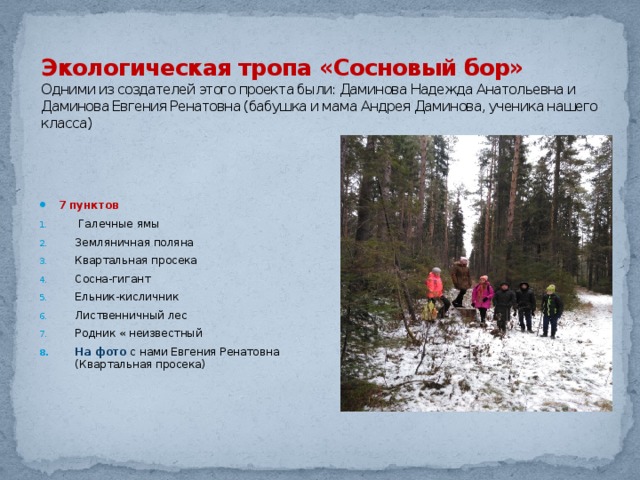 Экологическая тропа «Сосновый бор»  Одними из создателей этого проекта были: Даминова Hадежда Анатольевна и Даминова Евгения Ренатовна (бабушка и мама Андрея Даминова, ученика нашего класса) 7 пунктов  Галечные ямы Земляничная поляна Квартальная просека Сосна-гигант Ельник-кисличник Лиственничный лес Родник « неизвестный На фото с нами Евгения Ренатовна (Квартальная просека) 