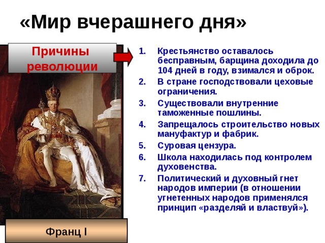 «Мир вчерашнего дня» Причины Крестьянство оставалось бесправным, барщина доходила до 104 дней в году, взимался и оброк. В стране господствовали цеховые ограничения. Существовали внутренние таможенные пошлины. Запрещалось строительство новых мануфактур и фабрик. Суровая цензура. Школа находилась под контролем духовенства. Политический и духовный гнет народов империи (в отношении угнетенных народов применялся принцип «разделяй и властвуй»). революции  Франц I 