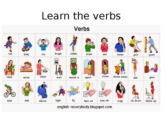 Learn the verbs Выучите глаголы-активные действия, прочитайте глагол вслух, переведите его устно, а потом придумайте предложение с ним, например: run – бегать – I like to run fast.  
