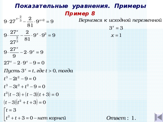 Показательные уравнения. Примеры Пример 8 