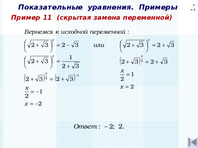 Показательные уравнения. Примеры + = 4  Пример 11  (скрытая замена переменной) 