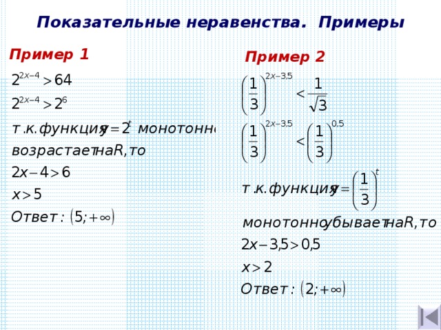 Показательные неравенства. Примеры Пример 1 Пример 2 
