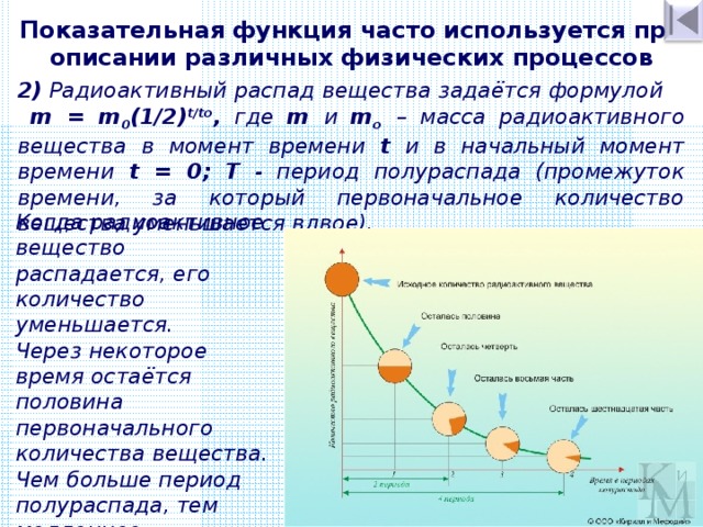 Показательная функция часто используется при описании различных физических процессов 2) Радиоактивный распад вещества задаётся формулой m = m 0 (1/2) t/tо , где m и m о  – масса радиоактивного вещества в момент времени t и в начальный момент времени t = 0;  T - период полураспада (промежуток времени, за который первоначальное количество вещества уменьшается вдвое). Когда радиоактивное вещество распадается, его количество уменьшается. Через некоторое время остаётся половина первоначального количества вещества. Чем больше период полураспада, тем медленнее распадается вещество. 