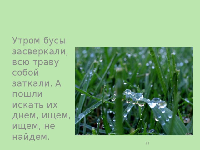 Утром бусы засверкали, всю траву собой заткали. А пошли искать их днем, ищем, ищем, не найдем.  