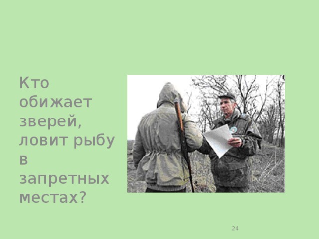 Кто обижает зверей, ловит рыбу в запретных местах?  