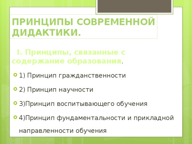 Принципы современной дидактики.  I. Принципы, связанные с содержание образования . 1) Принцип гражданственности 2) Принцип научности 3)Принцип воспитывающего обучения 4)Принцип фундаментальности и прикладной направленности обучения 