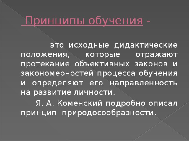 Принципы обучения -  это исходные дидактические положения, которые отражают протекание объективных законов и закономерностей процесса обучения и определяют его направленность на развитие личности.  Я. А. Коменский подробно описал принцип природосообразности. 