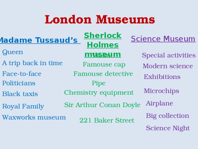 London Museums Sherlock Holmes museum Science Museum Madame Tussaud’s Queen Special activities Violin A trip back in time Famouse cap Modern science Famouse detective Face-to-face Exhibitions Politicians Pipe Microchips Chemistry equipment Black taxis Airplane Sir Arthur Conan Doyle Royal Family Big collection Waxworks museum 221 Baker Street Science Night