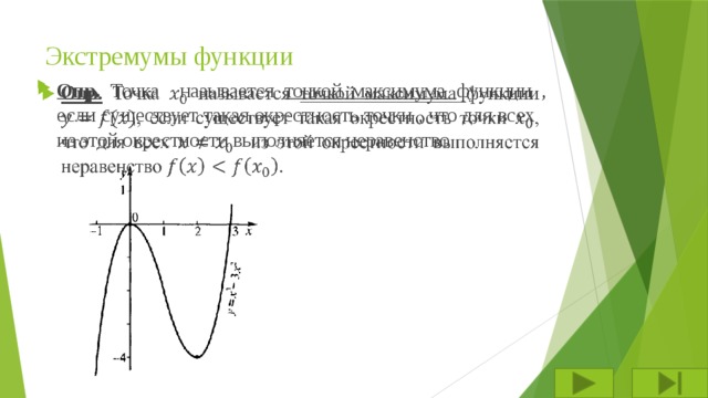 Экстремумы функции Опр. Точка называется точкой максимума функции , если существует такая окрестность точки , что для всех из этой окрестности выполняется неравенство   