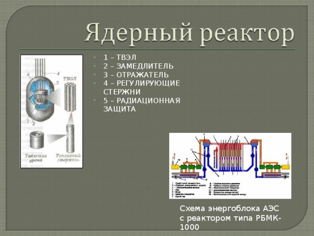 1 – ТВЭЛ 2 – ЗАМЕДЛИТЕЛЬ 3 – ОТРАЖАТЕЛЬ 4 – РЕГУЛИРУЮЩИЕ СТЕРЖНИ 5 – РАДИАЦИОННАЯ ЗАЩИТА Схема энергоблока АЭС с реактором типа РБМК-1000 