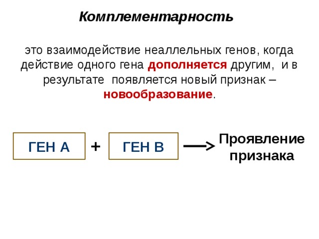 Комплементарность это взаимодействие неаллельных генов, когда действие одного гена дополняется другим, и в результате появляется новый признак – новообразование . Проявление признака ГЕН А ГЕН В + 2 