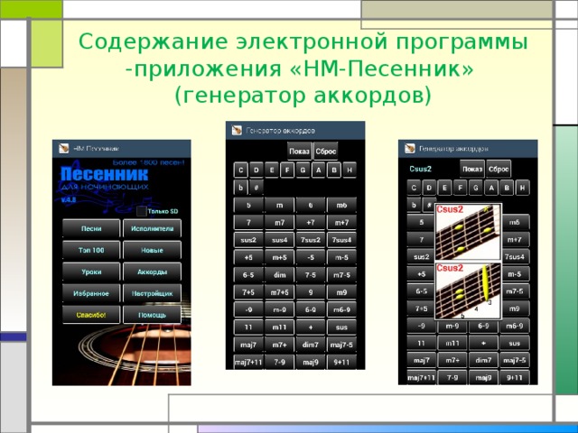  Содержание электронной программы -приложения «НМ-Песенник»  (генератор аккордов) 