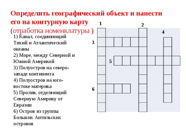 Определить географический объект и нанести его на контурную карту (отработка номенклатуры ) 1 2 4 1) Канал, соединяющий Тихий и Атлантический океаны 2) Море, между Северной и Южной Америкой 3) Полуостров на северо-западе континента 4) Полуостров на юго-востоке материка 5) Пролив, отделяющий Северную Америку от Евразии 6) Остров из группы Больших Антильских островов 3 5 6 