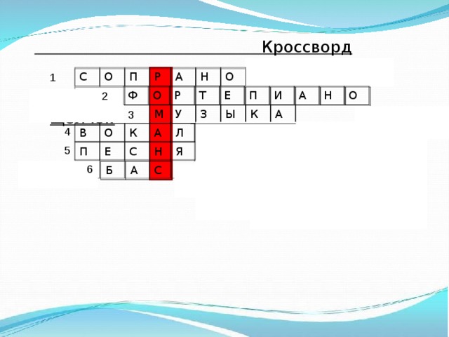  Кроссворд   щелчок 1  С О П Р А Н О 2 Ф О Р Т Е П И А Н О 3  М У З Ы К А 4  В О К А Л 5 П Е С Н Я 6  Б А С 