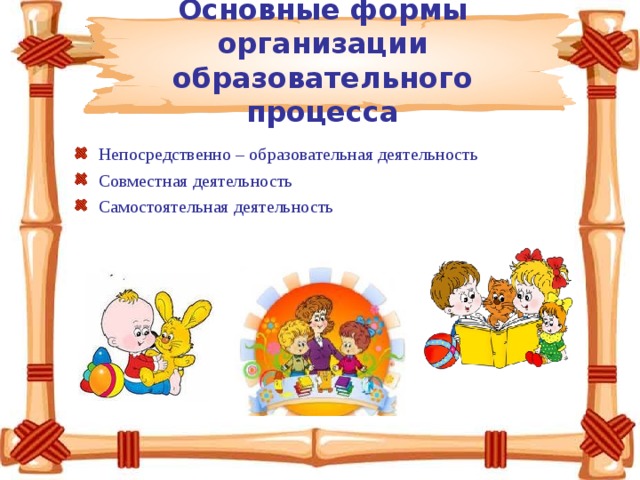 Основные формы организации образовательного процесса Непосредственно – образовательная деятельность Совместная деятельность Самостоятельная деятельность  