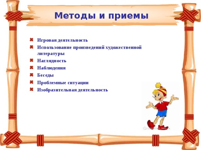 Методы и приемы Игровая деятельность Использование произведений художественной литературы Наглядность Наблюдения Беседы Проблемные ситуации Изобразительная деятельность 