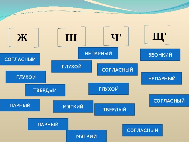 Щ' Ж Ш Ч' НЕПАРНЫЙ ЗВОНКИЙ СОГЛАСНЫЙ ГЛУХОЙ СОГЛАСНЫЙ ГЛУХОЙ НЕПАРНЫЙ ГЛУХОЙ ТВЁРДЫЙ СОГЛАСНЫЙ ПАРНЫЙ МЯГКИЙ ТВЁРДЫЙ ПАРНЫЙ СОГЛАСНЫЙ МЯГКИЙ 