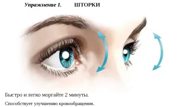 Упражнение 1. ШТОРКИ Быстро и легко моргайте 2 минуты. Способствует улучшению кровообращения . 