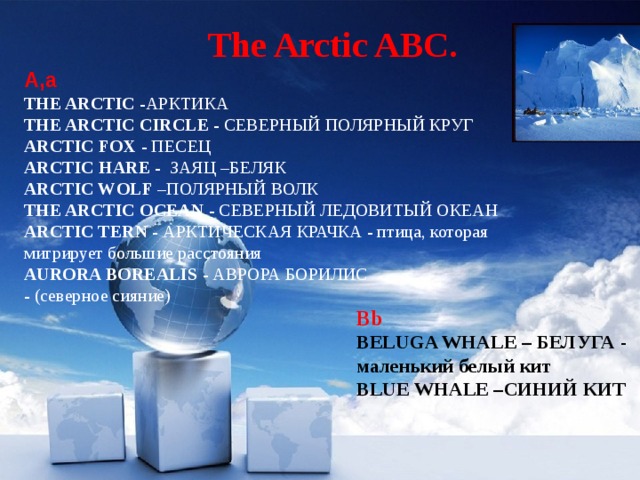The Arctic ABC. A,a THE ARCTIC -АРКТИКА THE ARCTIC CIRCLE - СЕВЕРНЫЙ ПОЛЯРНЫЙ КРУГ ARCTIC FOX - ПЕСЕЦ ARCTIC HARE - ЗАЯЦ –БЕЛЯК ARCTIC WOLF –ПОЛЯРНЫЙ ВОЛК THE ARCTIC OCEAN - СЕВЕРНЫЙ ЛЕДОВИТЫЙ ОКЕАН ARCTIC TERN - АРКТИЧЕСКАЯ КРАЧКА - птица, которая мигрирует большие расстояния AURORA BOREALIS - АВРОРА БОРИЛИС - (северное сияние) Bb BELUGA WHALE – БЕЛУГА - маленький белый кит BLUE WHALE –СИНИЙ КИТ 