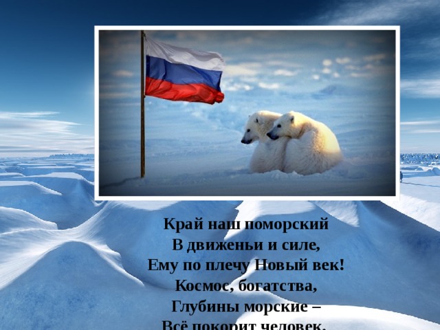 Край наш поморский В движеньи и силе, Ему по плечу Новый век! Космос, богатства, Глубины морские – Всё покорит человек.  Спасибо за внимание! 