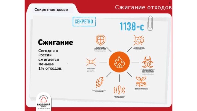 9 Сжигание отходов Секретное досье Сегодня в России сжигается меньше 1% отходов. Бланк отчёта спецслужб. В центре нарисован мусоросжигательный завод, вокруг располагаются картинки и подписи с карточек из Приложения 1, относящиеся к сжиганию. Из кучи мусора на входе в завод получается куча токсичной золы на выходе объёмом в четверть исходной кучи. Зелёный Агент, серьёзно взирающий на отчёт с вниманием и интересом. А , может быть , и не нужен он здесь… 