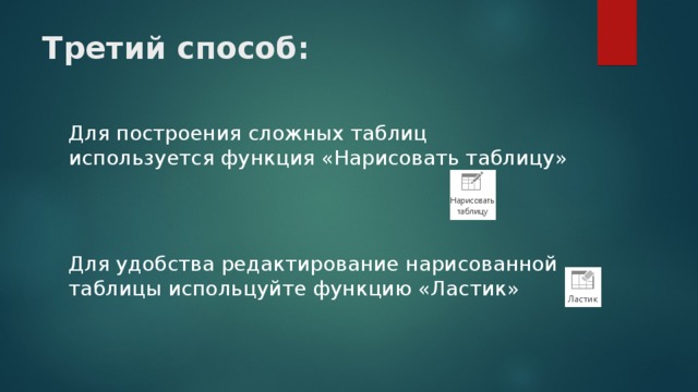 Третий способ: Для построения сложных таблиц используется функция «Нарисовать таблицу» Для удобства редактирование нарисованной таблицы испольцуйте функцию «Ластик» 