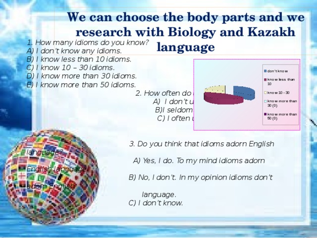 We can choose the body parts and we research with Biology and Kazakh language 1. How many idioms do you know? A) I don’t know any idioms. B) I know less than 10 idioms. C) I know 10 – 30 idioms. D) I know more than 30 idioms. E) I know more than 50 idioms.  2. How often do use idioms?  A) I don’t use idioms.  B)I seldom use idioms.  C) I often use idioms.   3. Do you think that idioms adorn English language?  A) Yes, I do. To my mind idioms adorn English language.  B) No, I don’t. In my opinion idioms don’t adorn English  language.  C) I don’t know. 