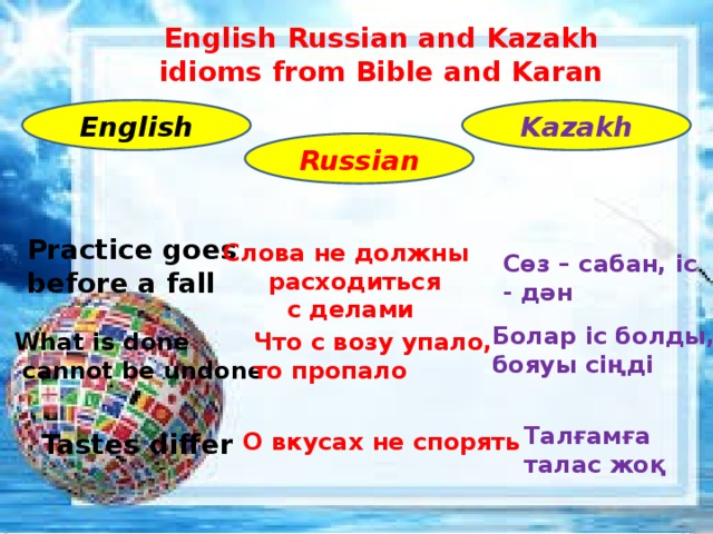 English Russian and Kazakh idioms from Bible and Karan English Kazakh Russian Practice goes before a fall Слова не должны  расходиться с делами Сөз – сабан, іс - дән Болар іс болды, бояуы сіңді What is done Что с возу упало,  cannot be undone то пропало Талғамға талас жоқ Tastes differ О вкусах не спорять 
