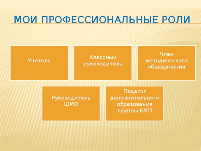 Мои  профессиональные  роли Учитель Классный руководитель Член методического объединения Руководитель ШМО Педагог дополнительного образования группы КМП 