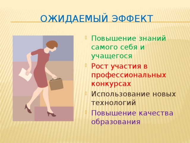 Ожидаемый эффект Повышение знаний самого себя и учащегося Рост участия в профессиональных конкурсах Использование новых технологий Повышение качества образования 