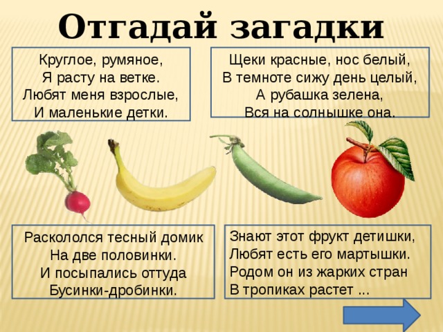 Отгадай загадки Круглое, румяное, Щеки красные, нос белый, В темноте сижу день целый, Я расту на ветке. Любят меня взрослые, А рубашка зелена, Вся на солнышке она. И маленькие детки. Раскололся тесный домик Знают этот фрукт детишки, На две половинки. Любят есть его мартышки. И посыпались оттуда Родом он из жарких стран В тропиках растет ... Бусинки-дробинки. 