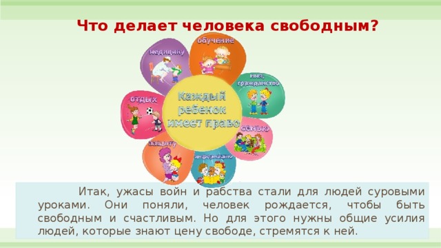   Что делает человека свободным?   Итак, ужасы войн и рабства стали для людей суровыми уроками. Они поняли, человек рождается, чтобы быть свободным и счастливым. Но для этого нужны общие усилия людей, которые знают цену свободе, стремятся к ней. 