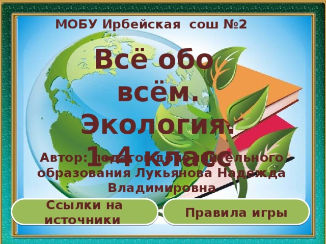 МОБУ Ирбейская сош №2 Всё обо всём. Экология. 1-4 класс  Автор: педагог дополнительного образования Лукьянова Надежда Владимировна Правила игры Ссылки на источники  