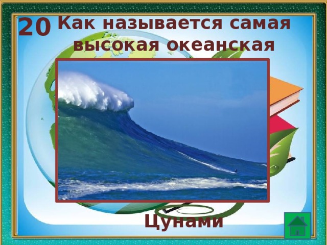 20 Как называется самая высокая океанская волна? Цунами  