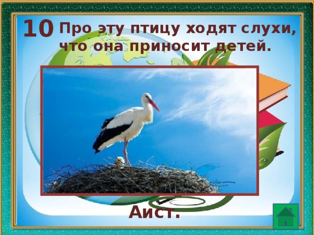 10 Про эту птицу ходят слухи, что она приносит детей. Аист. 