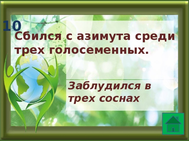 10 Сбился с азимута среди трех голосеменных.  Заблудился в трех соснах 