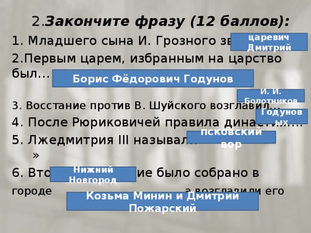  2. Закончите фразу (12 баллов):   1. Младшего сына И. Грозного звали 2.Первым царем, избранным на царство был… 3. Восстание против В. Шуйского возглавил… 4. После Рюриковичей правила династия…. 5. Лжедмитрия III называли « » 6. Второе Ополчение было собрано в городе  а возглавили его  царевич Дмитрий Борис Фёдорович Годунов И. И. Болотников Годуновых псковский вор Нижний Новгород Козьма Минин и Дмитрий Пожарский 