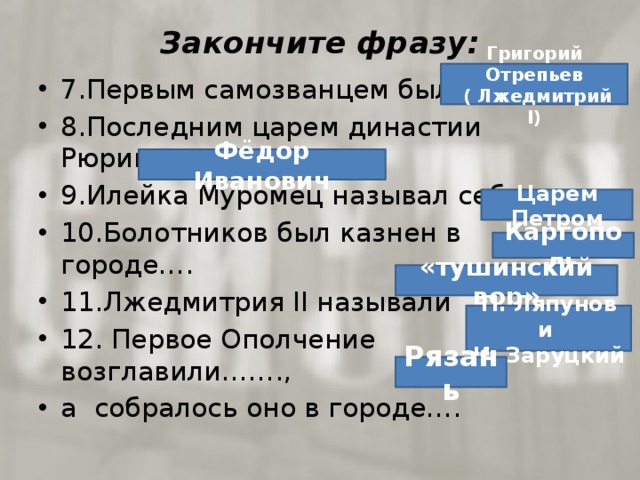 Закончите фразу:   Григорий Отрепьев  ( Лжедмитрий I) 7.Первым самозванцем был…. 8.Последним царем династии Рюриковичей был… 9.Илейка Муромец называл себя… 10.Болотников был казнен в городе…. 11.Лжедмитрия II называли 12. Первое Ополчение возглавили……., а собралось оно в городе…. Фёдор Иванович Царем Петром Каргополь «тушинский вор» П. Ляпунов и И. Заруцкий Рязань 