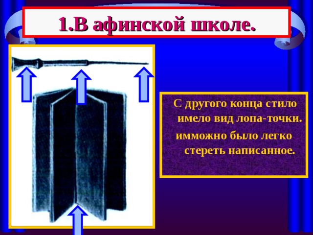 1.В афинской школе. Несмотря на то, что в Грецию из Египта привозили папирус, он не стал материа-лом для письма.  В греческих школах ученики писали на дощечках покрытых воском специальным пером -стилом.  Содной стороны сти-ло было острым. Это позволяло цара-пать на воске буквы и рисунки.  С другого конца стило имело вид лопа-точки. имможно было легко стереть написанное. 