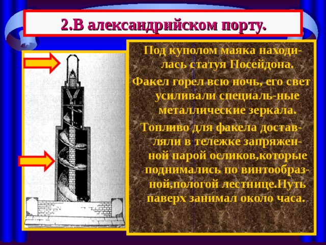 2.В александрийском порту.  Под куполом маяка находи-лась статуя Посейдона. Факел горел всю ночь, его свет усиливали специаль-ные металлические зеркала. Топливо для факела достав-ляли в тележке запряжен-ной парой осликов,которые поднимались по винтообраз-ной,пологой лестнице.Путь паверх занимал около часа. 
