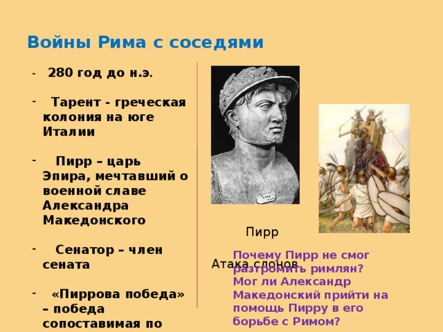 Войны Рима с соседями  Пирр  Атака слонов -  280 год до н.э .   Тарент - греческая колония на юге Италии   Пирр – царь Эпира, мечтавший о военной славе Александра Македонского   Сенатор – член сената   «Пиррова победа» – победа сопоставимая по потерям с поражением Почему Пирр не смог разгромить римлян? Мог ли Александр Македонский прийти на помощь Пирру в его борьбе с Римом?   