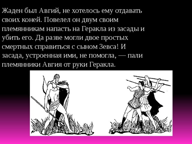 Жаден был Авгий, не хотелось ему отдавать своих коней. Повелел он двум своим племянникам напасть на Геракла из засады и убить его. Да разве могли двое простых смертных справиться с сыном Зевса! И засада, устроенная ими, не помогла, — пали племянники Авгия от руки Геракла. 
