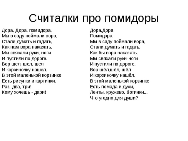 Считалки про помидоры Дора, Дора, помидора,  Мы в саду поймали вора,   Стали думать и гадать,  Как нам вора наказать.  Мы связали руки, ноги   И пустили по дороге.  Вор шел, шел, шел   И корзиночку нашел.  В этой маленькой корзинке  Есть рисунки и картинки.  Раз, два, три!  Кому хочешь - дари!  Дора,Дора   Помидора.   Мы в саду поймали вора,   Стали думать и гадать,   Как бы вора наказать.   Мы связали руки-ноги   И пустили по дороге.   Вор шёл,шёл, шёл   И корзиночку нашёл.   В этой маленькой корзинке   Есть помада и духи,   Ленты, кружево, ботинки...   Что угодно для души? 