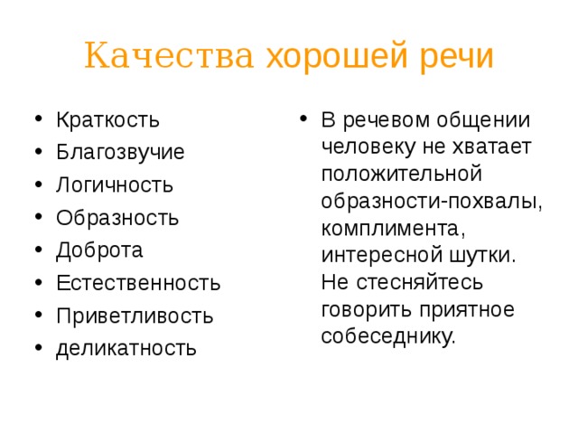 Качества хорошей речи Краткость Благозвучие Логичность Образность Доброта Естественность Приветливость деликатность В речевом общении человеку не хватает положительной образности-похвалы, комплимента, интересной шутки. Не стесняйтесь говорить приятное собеседнику. 
