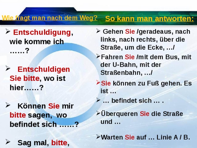 Wie fragt man nach dem Weg? So kann man antworten:  Entschuldigung , wie komme ich ……?  Gehen Sie /geradeaus, nach links, nach rechts, über die Straße, um die Ecke, …/    Entschuldigen Sie bitte , wo ist hier……? Fahren Sie /mit dem Bus, mit der U-Bahn, mit der Straßenbahn, …/    Können Sie mir bitte sagen, wo befindet sich ……? Sie können zu Fuß gehen. Es ist …    Sag mal, bitte , gibt es hier …? … befindet sich … .  Überqueren Sie die Straße und …  Warten Sie auf … Linie A / B. 