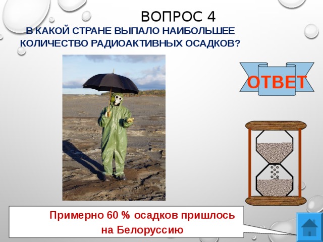 ВОПРОС 4 В КАКОЙ СТРАНЕ ВЫПАЛО НАИБОЛЬШЕЕ КОЛИЧЕСТВО РАДИОАКТИВНЫХ ОСАДКОВ? ОТВЕТ Примерно 60 % осадков пришлось на Белоруссию 