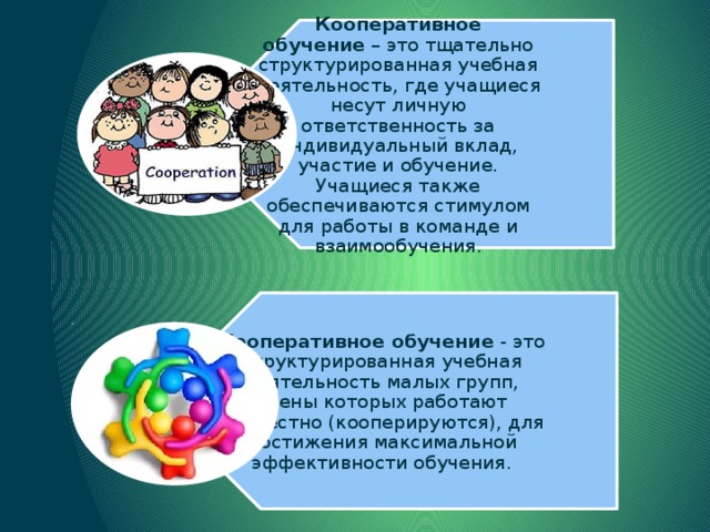 Кооперативное обучение  – это тщательно структурированная учебная деятельность, где учащиеся несут личную ответственность за индивидуальный вклад, участие и обучение. Учащиеся также обеспечиваются стимулом для работы в команде и взаимообучения. Кооперативное обучение - это структурированная учебная деятельность малых групп, члены которых работают совместно (кооперируются), для достижения максимальной эффективности обучения. 