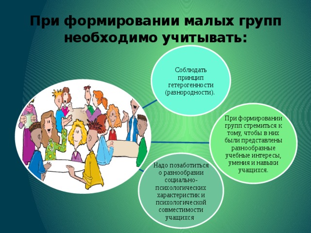 При формировании малых групп необходимо учитывать: Соблюдать принцип гетерогенности (разнородности). При формировании групп стремиться к тому, чтобы в них были представлены разнообразные учебные интересы, умения и навыки учащихся. Надо позаботиться о разнообразии социально-психологических характеристик и психологической совместимости учащихся . 